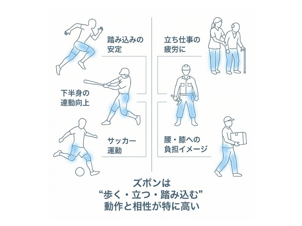 スポーツと立ち仕事でのレギンス着用イメージ図