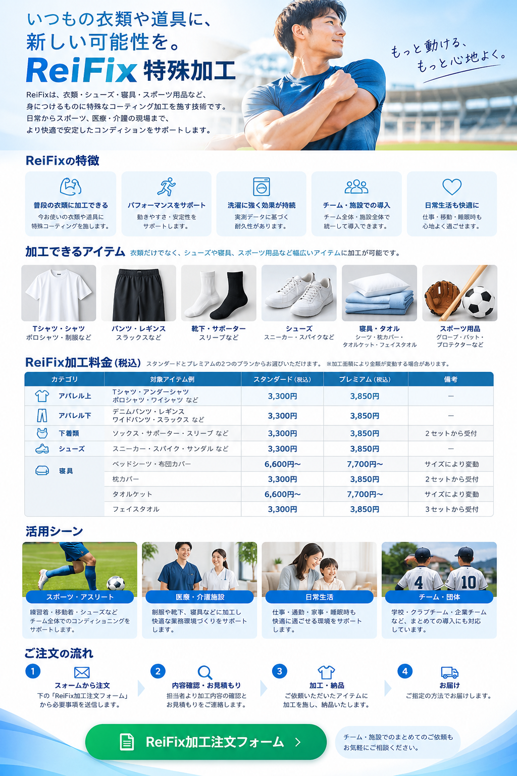 ReiFix特殊加工。加工対象、料金表、活用シーン、ご注文の流れを掲載したご案内。